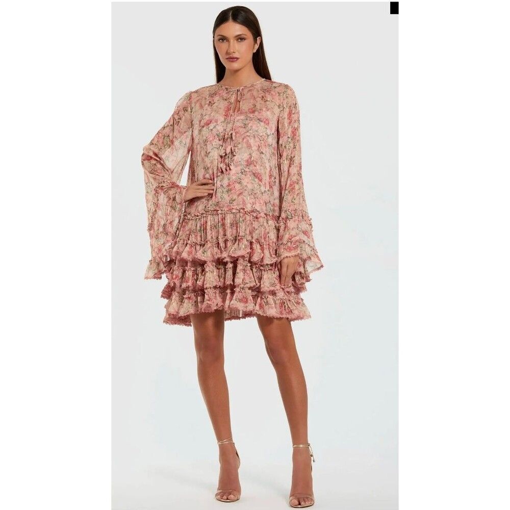 MacDuggal XS Pink Chiffon Ruffle Floral Long Sleeve Mini Dress Coquette Boho